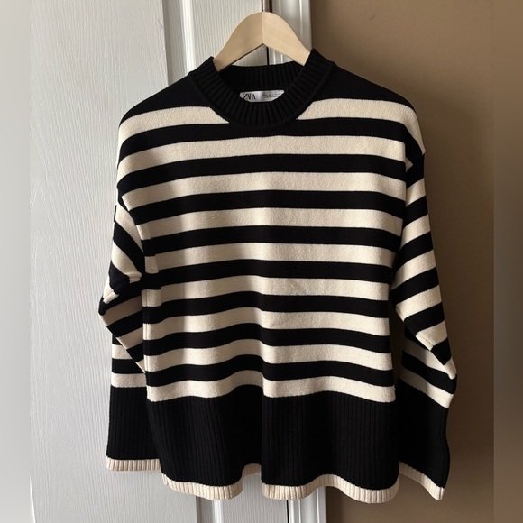 Zara Tops - Zara Women's Black and Cream Striped Blouse